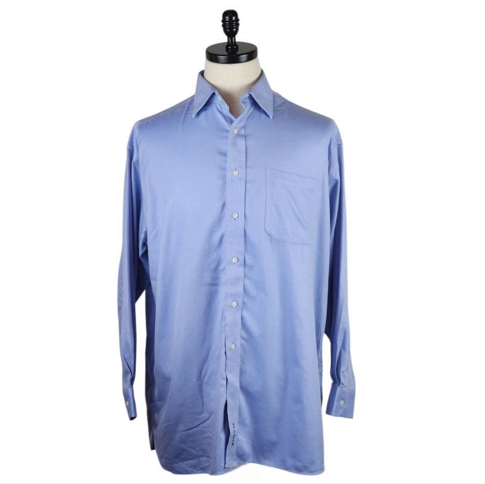 Jos A Bank Signature Dress Shirt 16.5-33 Blue Stripe Wrinkle-Free 100% Cotton